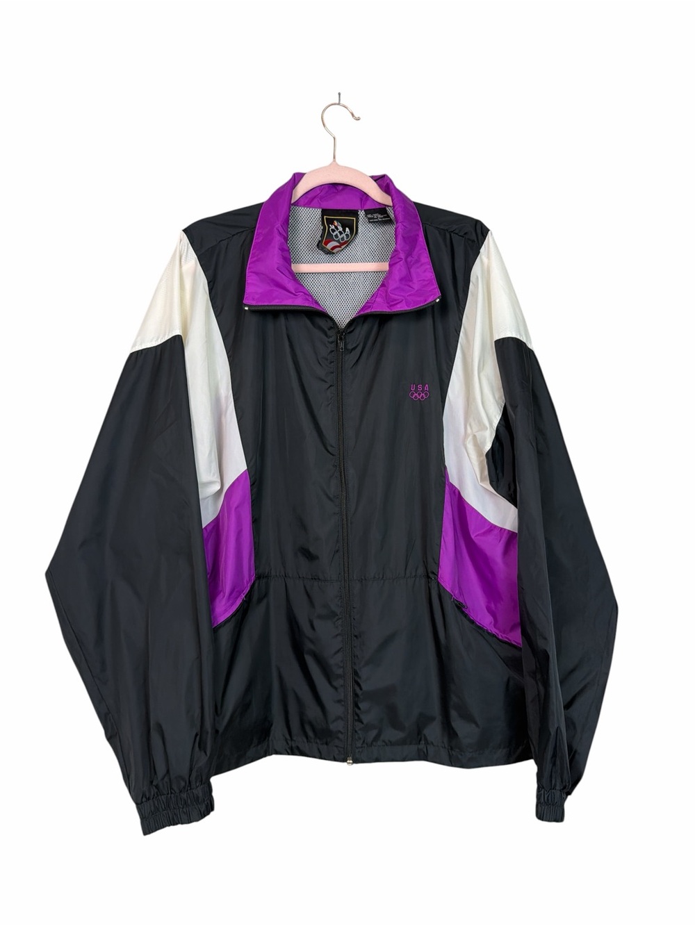 Vintage USA Olympics Windbreaker Jacket Large Black Purple Colorblock 90s